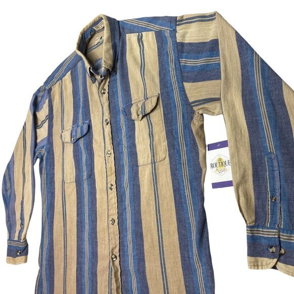 Vintage Northwest Territory Mens L Flannel Shirt Long Sleeve Blue Tan Stripe - Picture 7 of 16